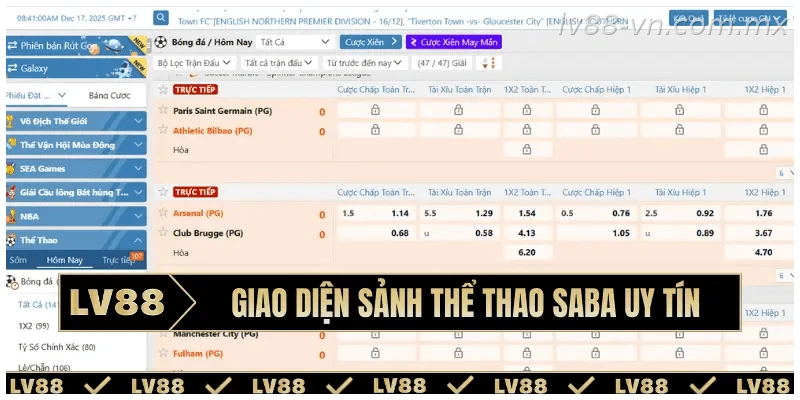Giao diện sảnh thể thao Saba uy tín
