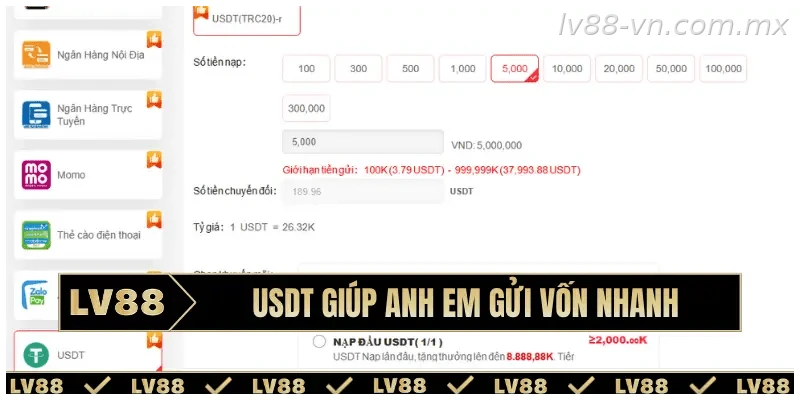 Nạp tiền bằng USDT nhanh chóng và thuận tiện